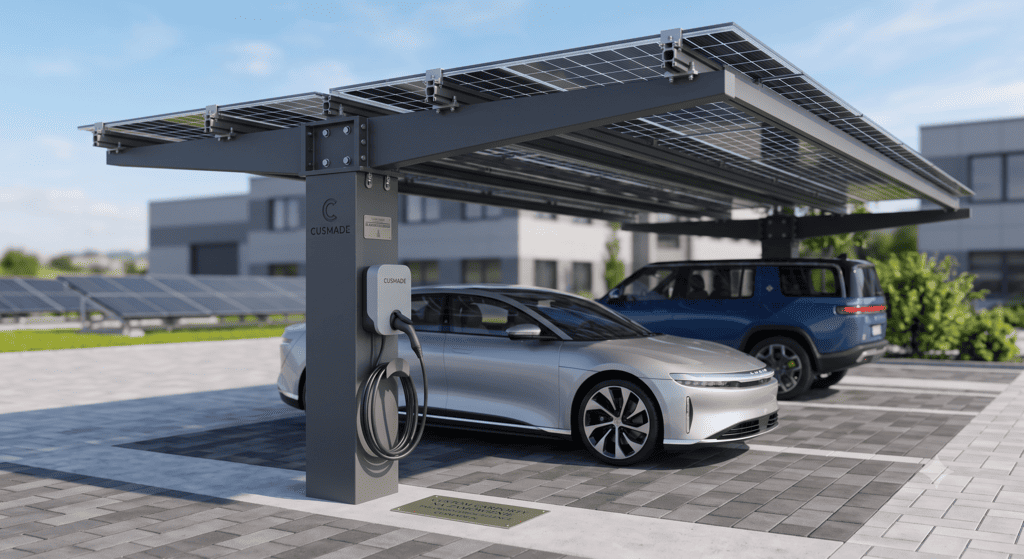 Estructuras de carports solares diseñadas y fabricadas a medida en aluminio y acero para adaptarse a cualquier proyecto.